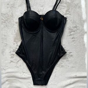 Just Sexy Black Bodysuit with Glossy Snake Print Pattern and Padded Cups